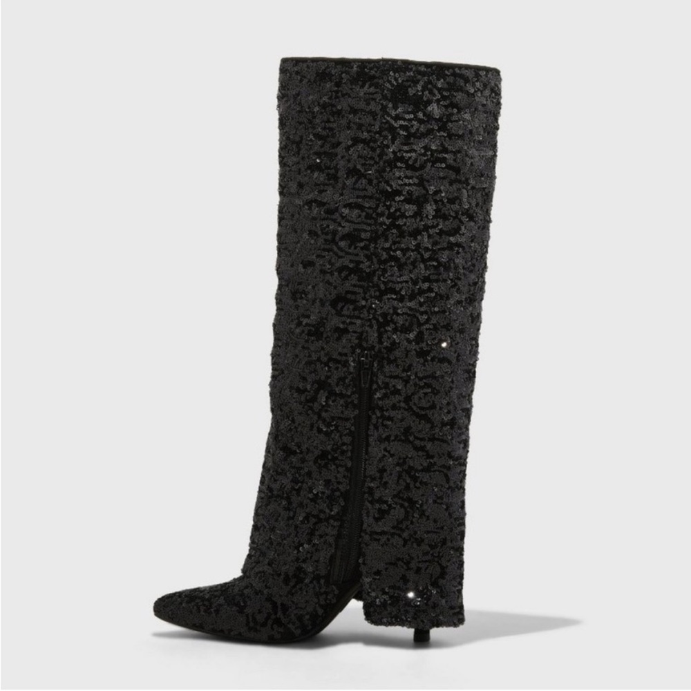 WOW! Sz 7 A New Day Abba Black Sequin Covered Foldover Heeled Boots NWT
